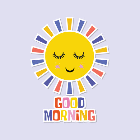 Kawaii cute sleepy sun with good morning vibe retro stickerのイラスト素材
