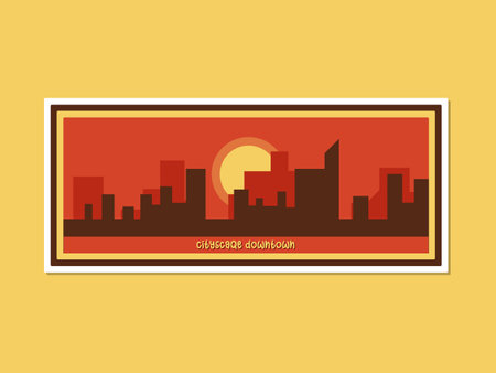 Abstract sunset silhouette city with retro sticker flat vector illustrationのイラスト素材