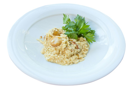 risotto with mushrooms in a white dish on a table-clothの写真素材