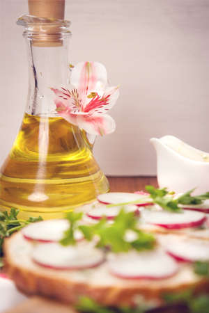 sandwich with radish,parsley and oil in studioの写真素材