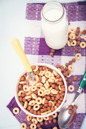 morning breakfast-flakes with milk in a dishの写真素材