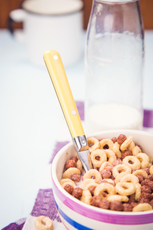 morning breakfast-flakes with milk in a dishの写真素材