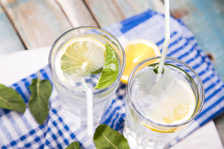 fresh cold water with lemon and mint in glassの写真素材