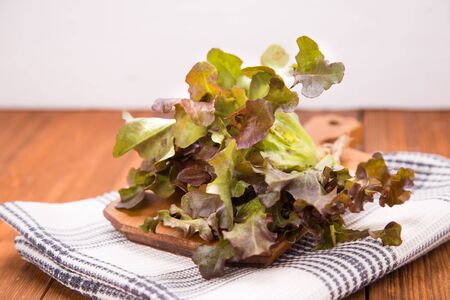 fresh leaves of lettuce on wooden plate in a studioの写真素材