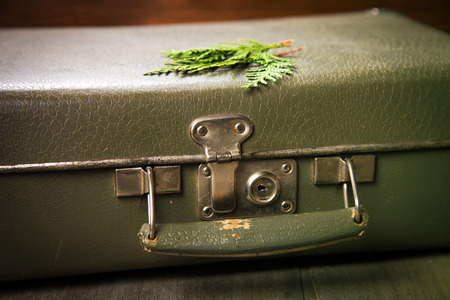 old green suitcase with handle in studioの写真素材