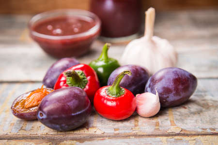 fresh tkemali sauce from plums,pepper and other vegetables in studioの写真素材