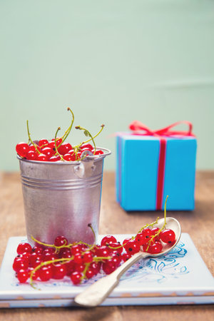 red raw ripe current in metallic bucket in studio