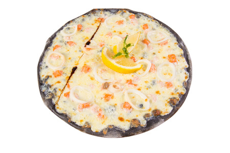 hot pizza with squid,tomatoes and basil isolated on white backgroundの写真素材