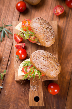 healthy  breakfast-sandwich with tomato and cheese  in studioの写真素材