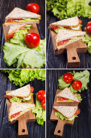 fresh healthy vegetarian sandwich with tomatoes,cucumber and lettuceの写真素材
