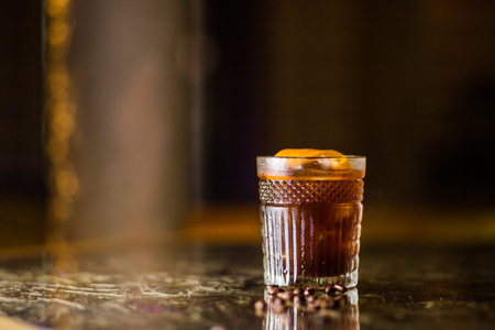 fresh, cold coffee cocktail with ice in restaurant