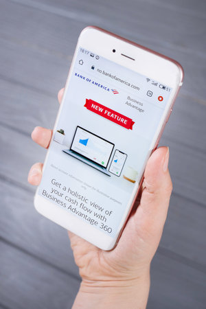 Kyiv, Ukraine - April 22, 2020: The Bank of America website  displayed on smartphone.Internet access...