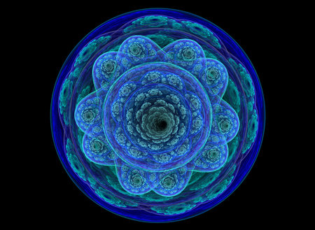 Blue abstract round fractal  lines on black