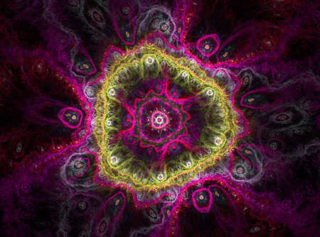 yellow and violet abstract curves and lines on dark backgroundの写真素材