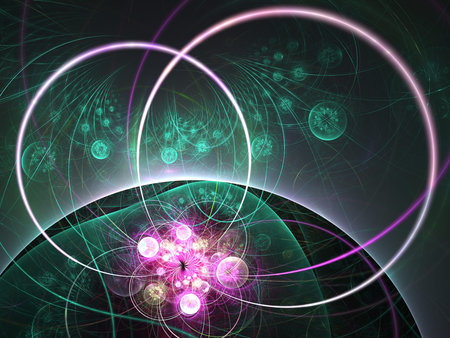 green and pink abstract curves and lines on dark background