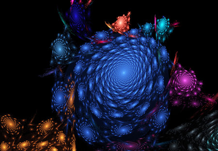 fractal colored abstract round curves and lines on black background