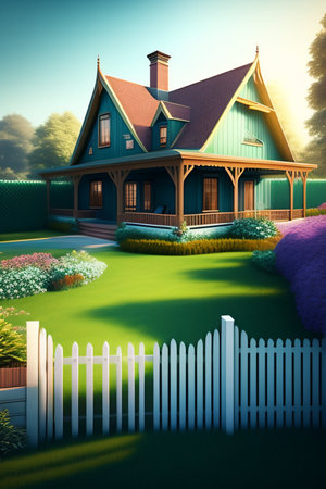 Cute cozy retro cottage with a beautiful fence on the outskirts of the city. AI generatedの素材