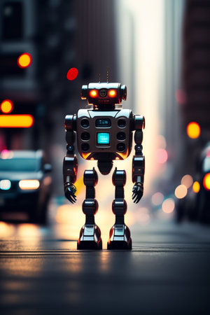 A cute metal black robot is standing on a city street. AI generatedの素材
