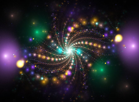 fractal colored abstract round curves and lines on black backgroundの写真素材