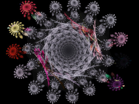 fractal colored abstract round curves and lines on black backgroundの写真素材