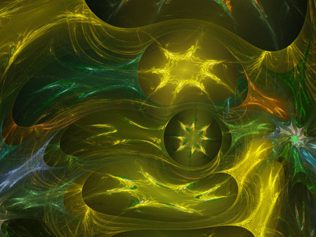 fractal colored abstract round curves and lines on black backgroundの写真素材