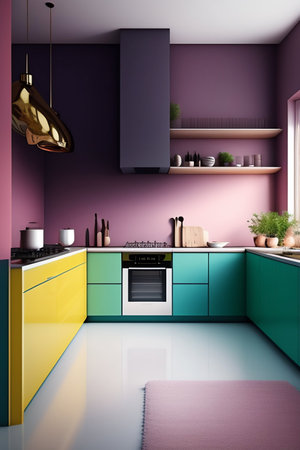 Interior elements in the kitchen, wide angle, no people, kitchen walls in pastel shades.Generated AIの素材