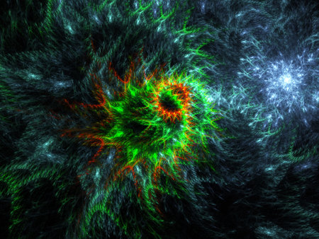 fractal colored abstract round curves and lines on black backgroundの写真素材