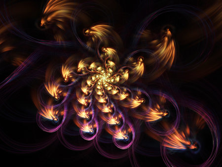 fractal colored abstract round curves and lines on black backgroundの写真素材