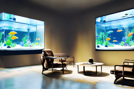 Modern loft interior design, with aquarium. Illustration generated by AIの素材
