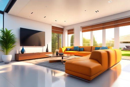modern living room interior with large window and furniture, AI-generated illustrationの素材