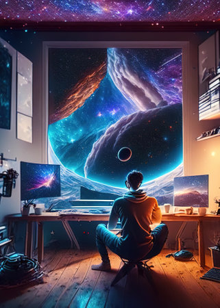 A man sits in front of a computer and sees the universe, illustration generated by Aiの素材