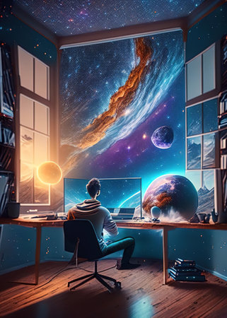A man sits in front of a computer and sees the universe, illustration generated by Aiの素材