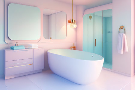 beautiful bathroom interior in pastel colors - pink and blue, Ai-generated illustrationの素材