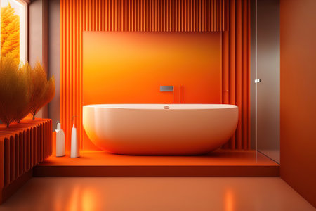 beautiful bathroom interior in warm colors - orange and yellow, Ai-generated illustrationの素材