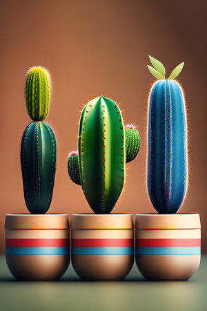Small cactus stand in a row in pots on the table,illustration generated by Aiの素材