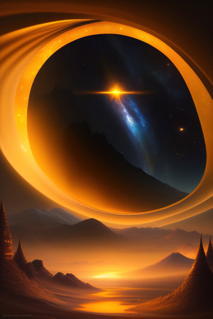Night with golden light, in the style of fantastical otherworldly visions, space art, mythological references,,Illustration Generated by Aiの素材