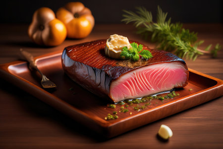 Perfectly cooked slices of medium rare sirloin steak with garlic butter, Illustration generated by Aiの素材