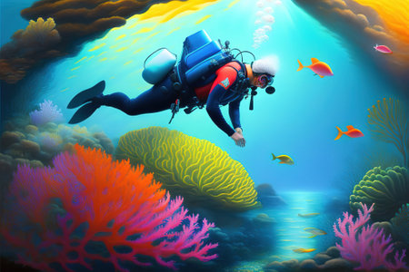 Scuba diver in a coral reef coming up to the surface where the sun rays shine,Illustration generated by Aiの素材