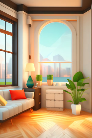 Low poly:interior of living room in an apartment, AI generated illustrationの素材