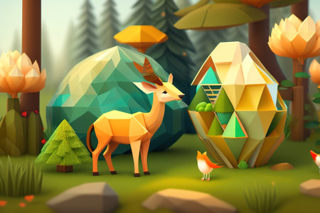 Low poly:fairy green forest with animals, AI generated illustrationの素材