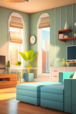 Low poly:interior of living room in an apartment, AI generated illustrationの素材