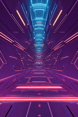 Abstract art background, dark, passage on an old spaceship, in purple colors, Ai-generated illustrationの素材