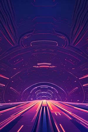 Abstract art background, dark, passage on an old spaceship, in purple colors, Ai-generated illustrationの素材