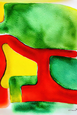 Abstract watercolor painting on paper, green, red, yellow color, AI generated illustrationの素材