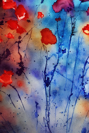 flowers Abstract watercolor painting on paper, blue, red, black colors, cinematic, AI generated illustrationの素材