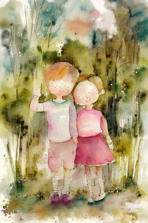 people abstract watercolor painting on paper, kids story book style, muted colors, AI-generated illustrationの素材