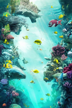 Mysterious underwater kingdom with underwater inhabitants and plants, Ai generated illustrationの素材