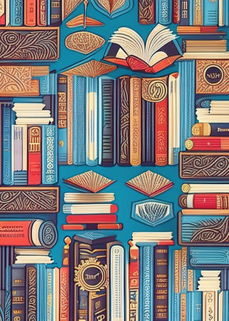 Pattern with books in the library, on the shelves, illustration generated by Aiの素材