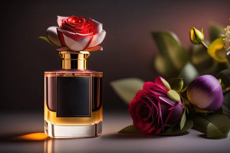 A bottle of premium perfume, surrounded by a bouquet of fresh roses. the style should be elegant and romantic, Ai-generated illustrationの素材