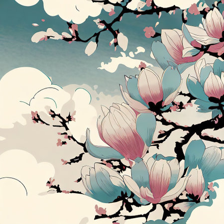 Ukiyo-e style design of cherry blossoms and clouds in pink tones and colors, Ai-generated illustrationの素材